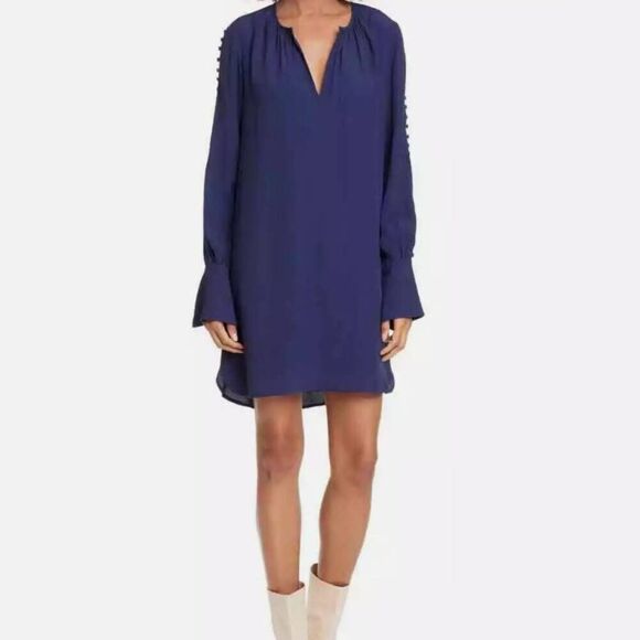 JOIE Erlene Silk Shift Dress Midnight Navy Button Sleeve XS - Picture 1 of 12